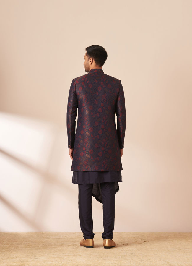 Manyavar Men Blue and Maroon Achkan Indo Western