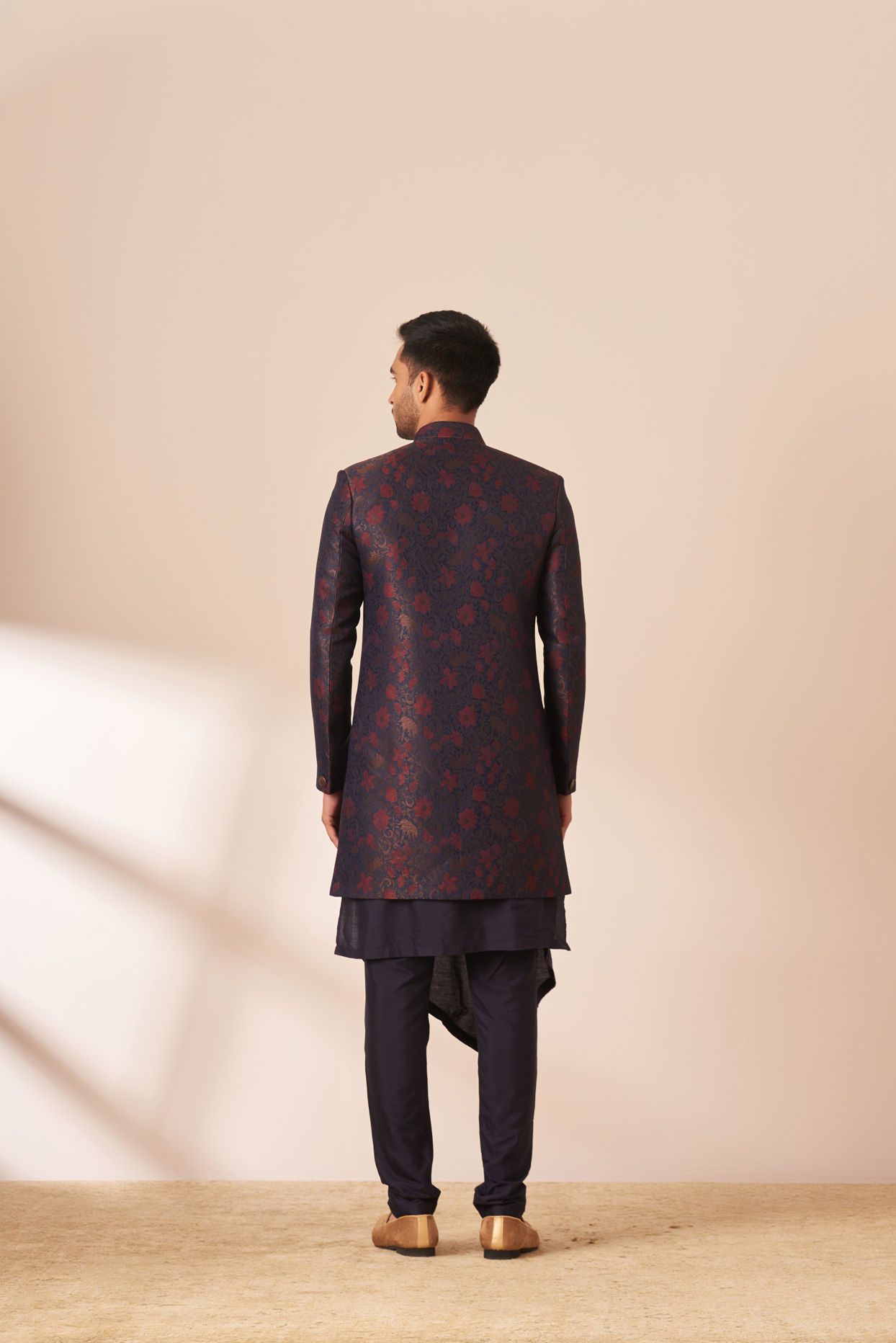 Manyavar Men Blue and Maroon Achkan Indo Western
