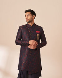Manyavar Men Blue and Maroon Achkan Indo Western