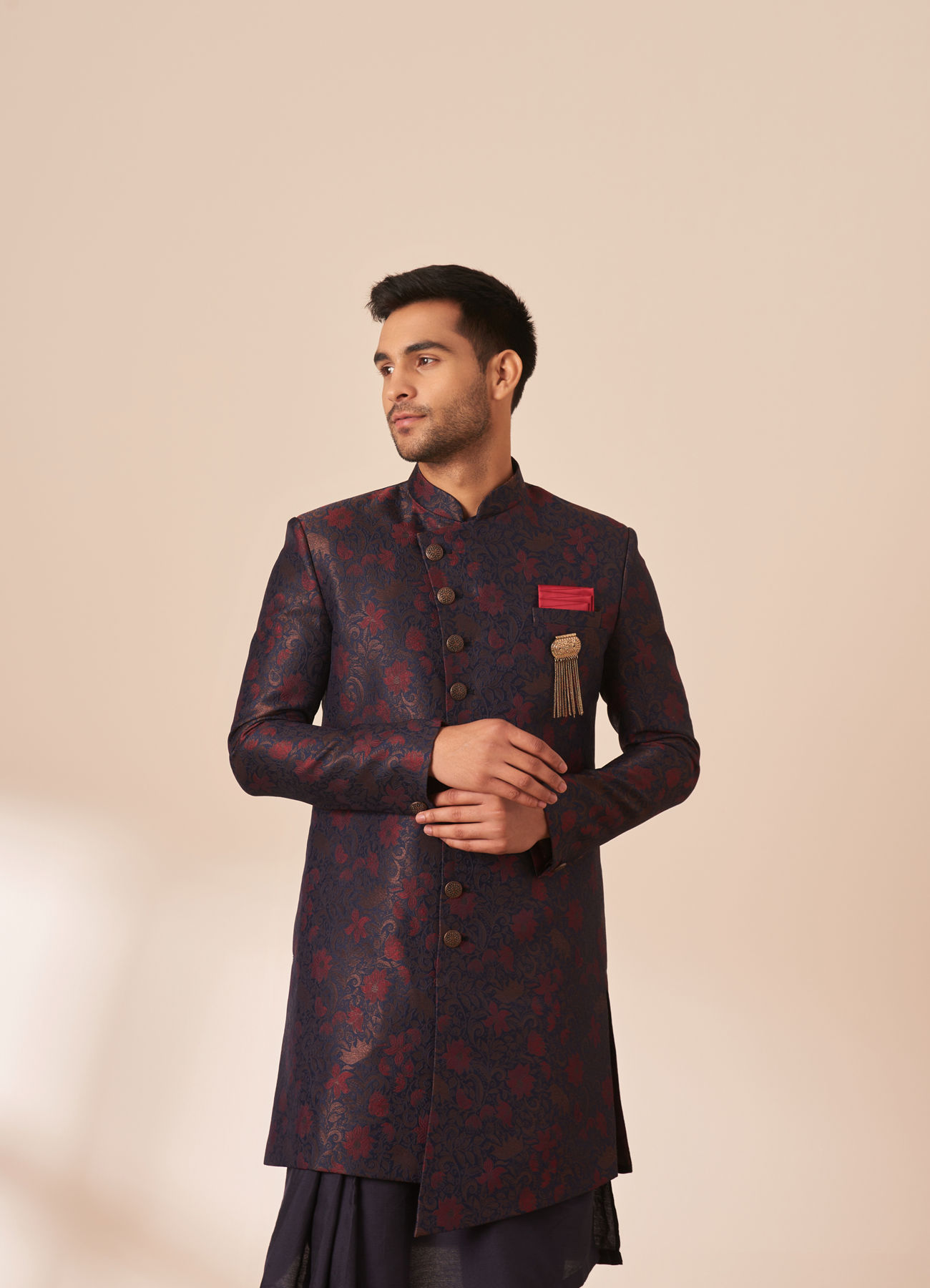 Manyavar Men Blue and Maroon Achkan Indo Western