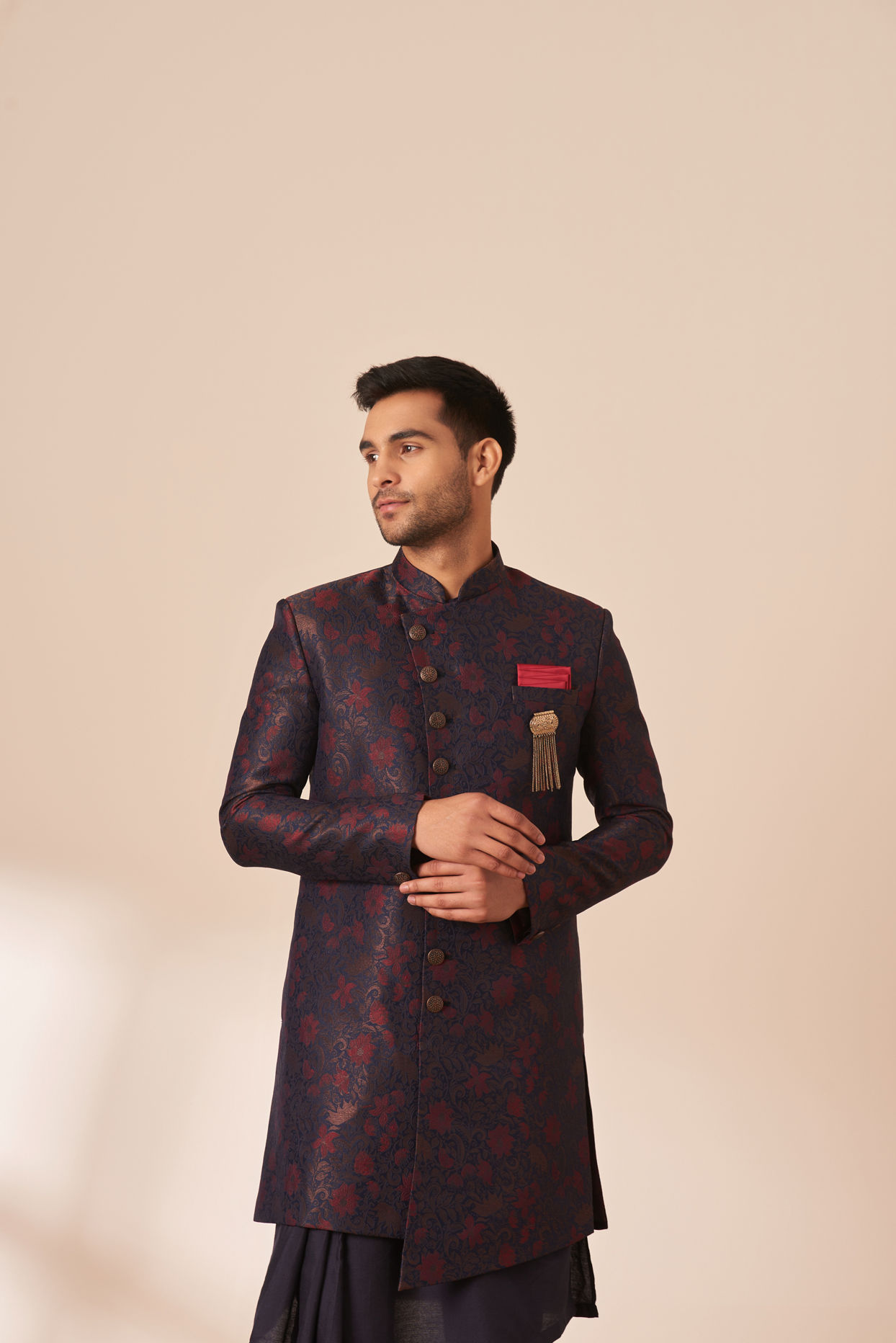 Manyavar Men Blue and Maroon Achkan Indo Western