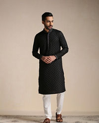 Manyavar Men Charcoal Black Printed Kurta Set