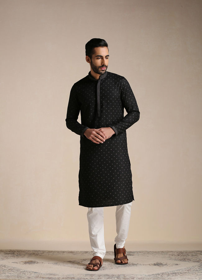 alt message - Manyavar Men Charcoal Black Printed Kurta Set image number 1