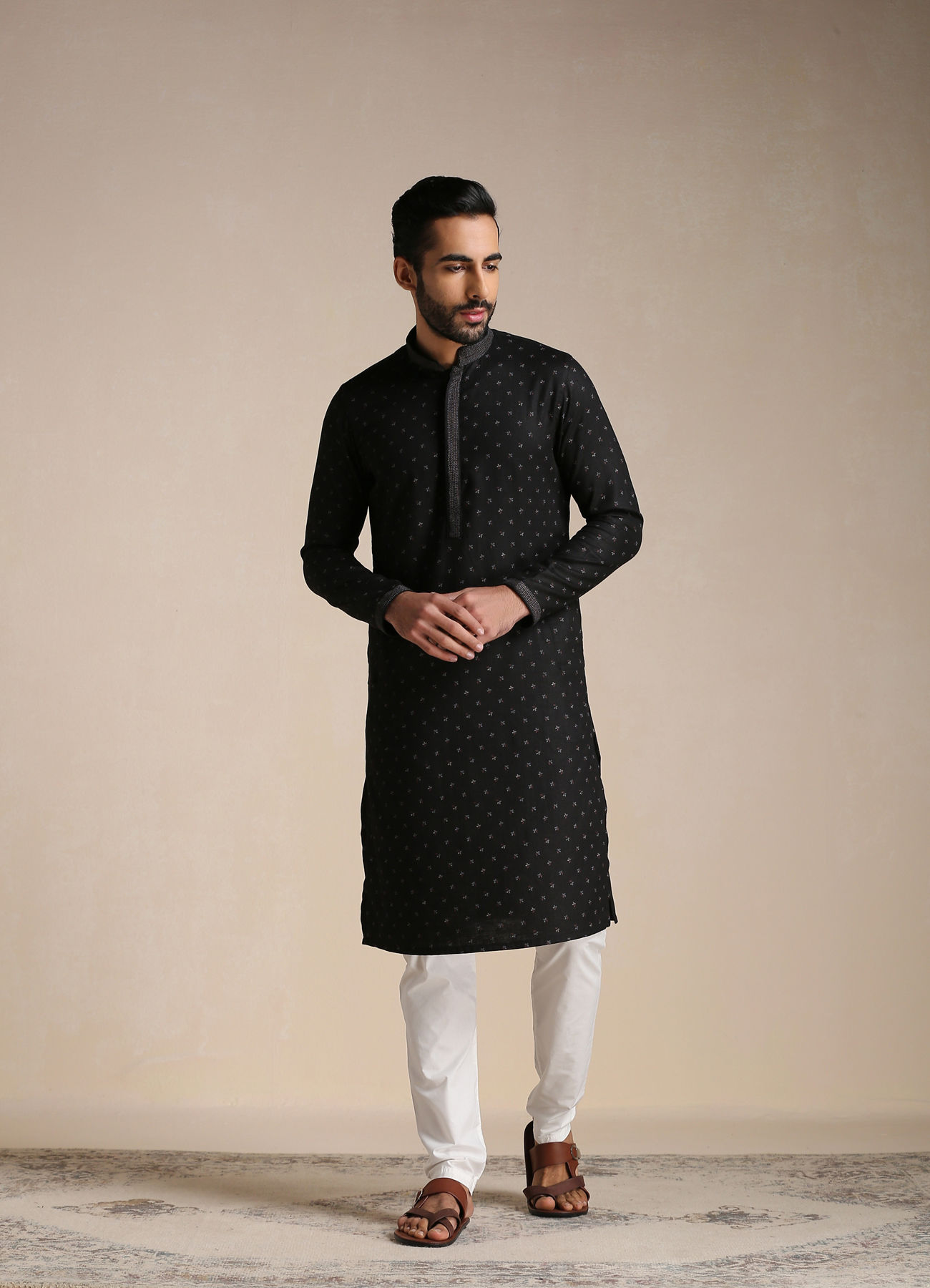 Manyavar Men Charcoal Black Printed Kurta Set