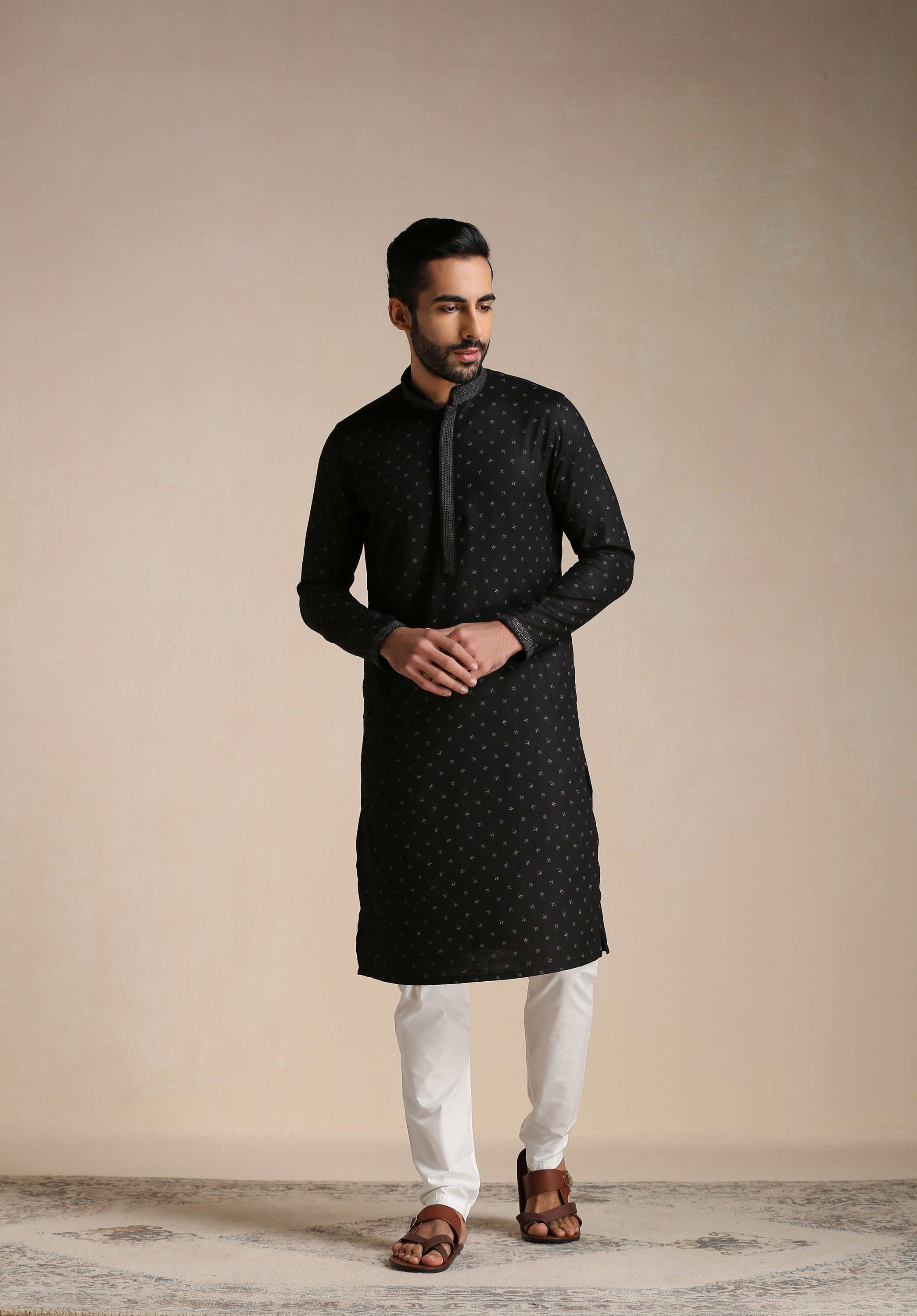 Manyavar Men Charcoal Black Printed Kurta Set