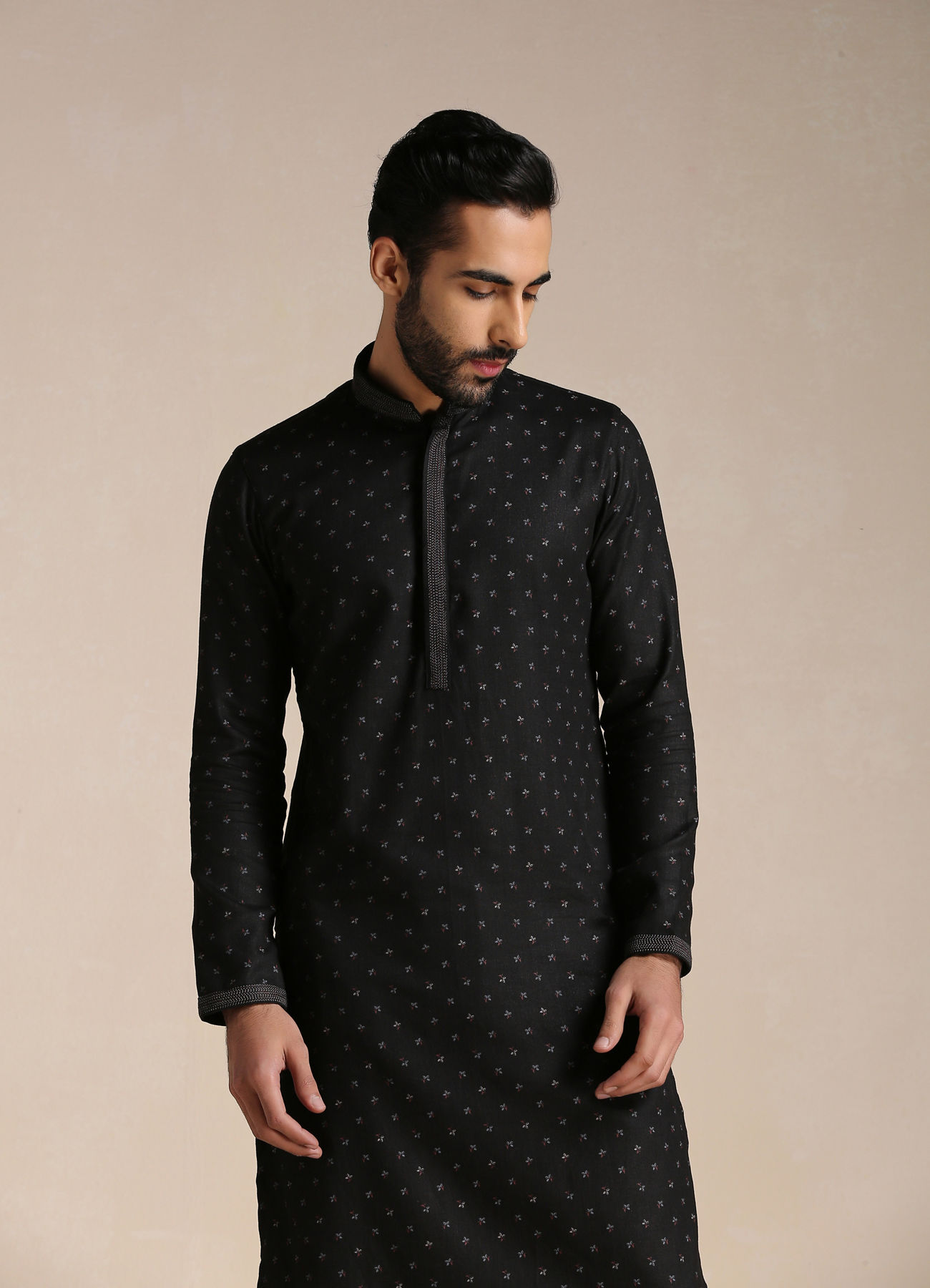 Manyavar Men Charcoal Black Printed Kurta Set