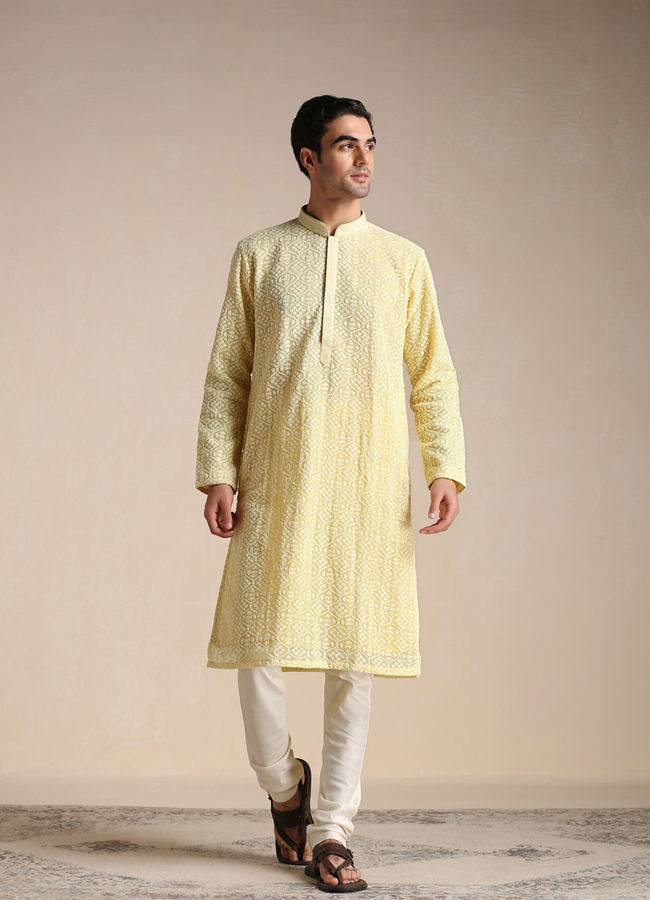 alt message - Manyavar Men Mellow Yellow Chikankari Embroidered Kurta Set image number 1