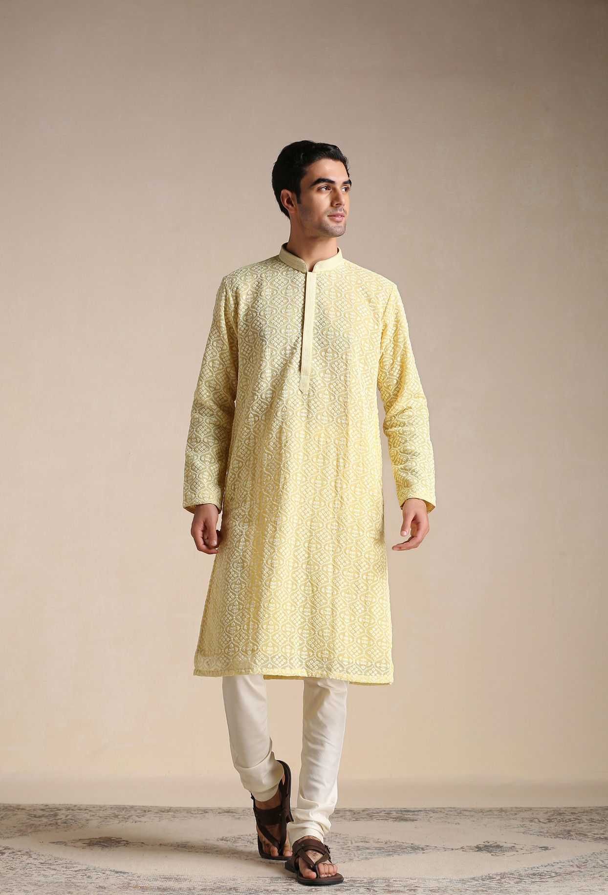 alt message - Manyavar Men Mellow Yellow Chikankari Embroidered Kurta Set image number 1