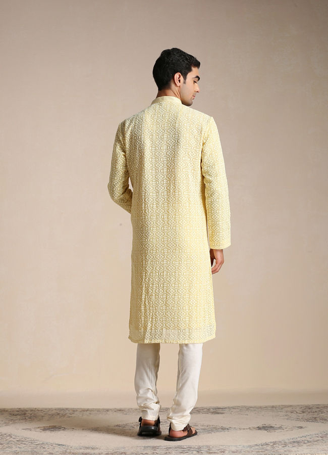 alt message - Manyavar Men Mellow Yellow Chikankari Embroidered Kurta Set image number 3