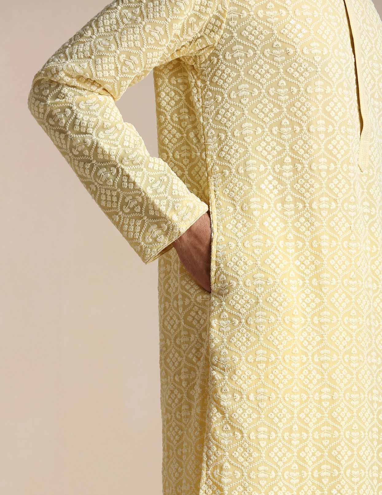 alt message - Manyavar Men Mellow Yellow Chikankari Embroidered Kurta Set image number 2