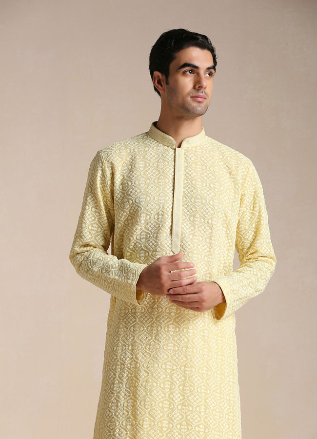 Manyavar Men Mellow Yellow Chikankari Embroidered Kurta Set