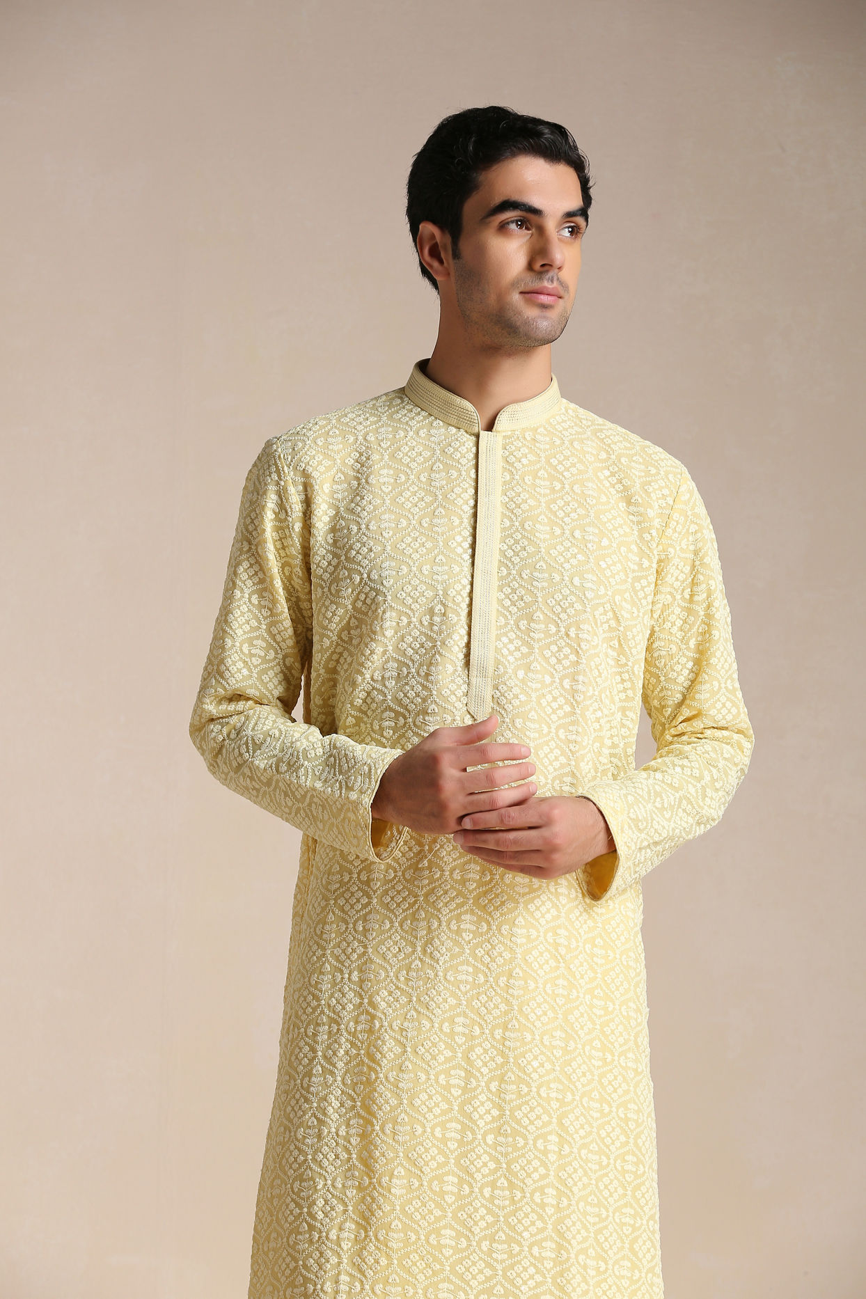 alt message - Manyavar Men Mellow Yellow Chikankari Embroidered Kurta Set image number 0