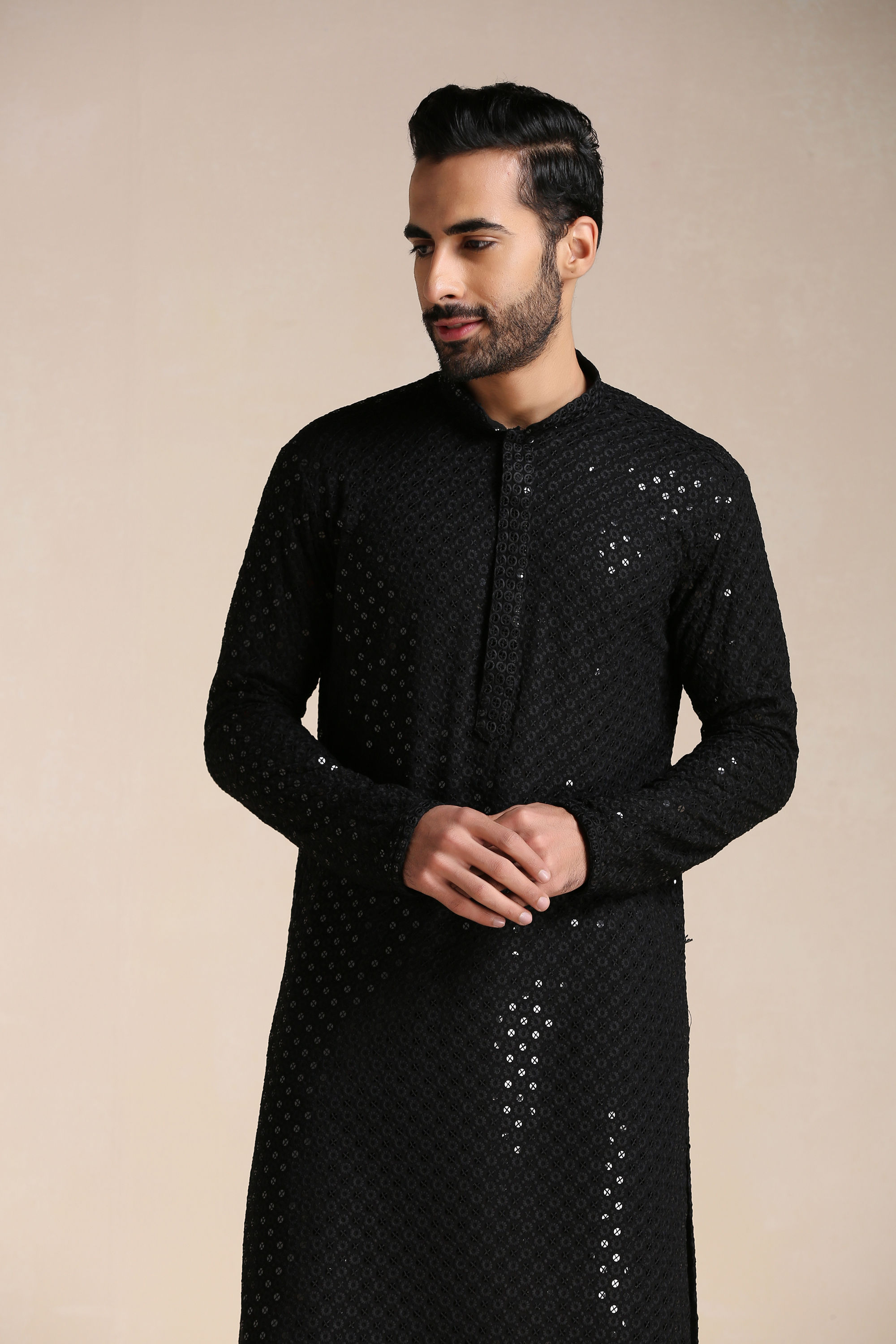 Manyavar Men Black Chikankari Kurta Set