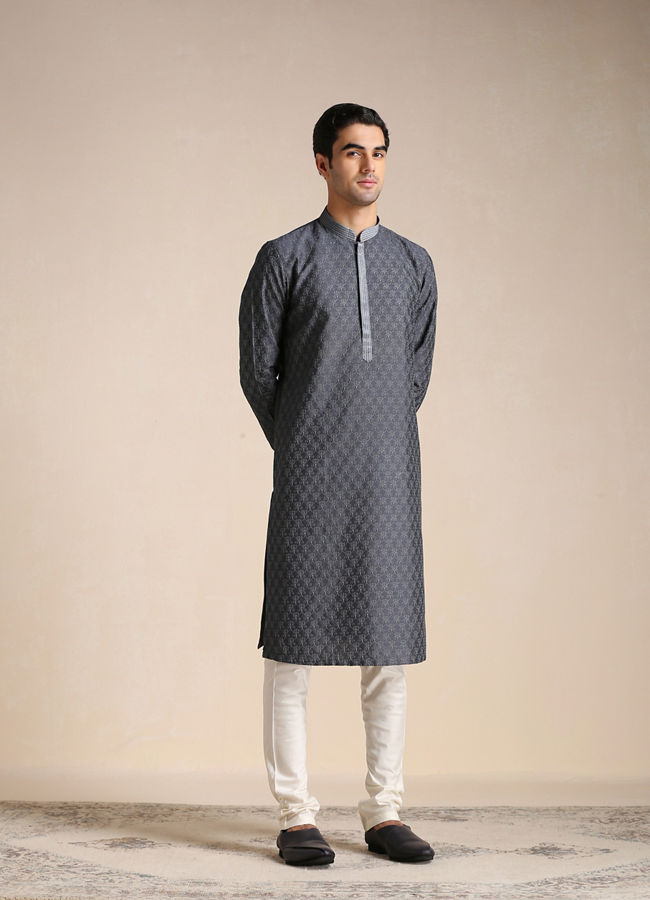 alt message - Manyavar Men Anchor Grey Patterned Kurta Set image number 1