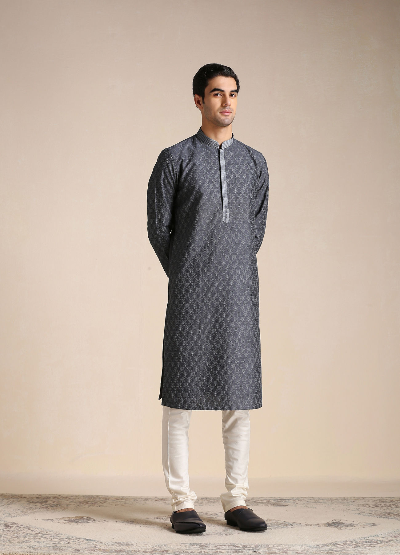 Manyavar Men Anchor Grey Patterned Kurta Set