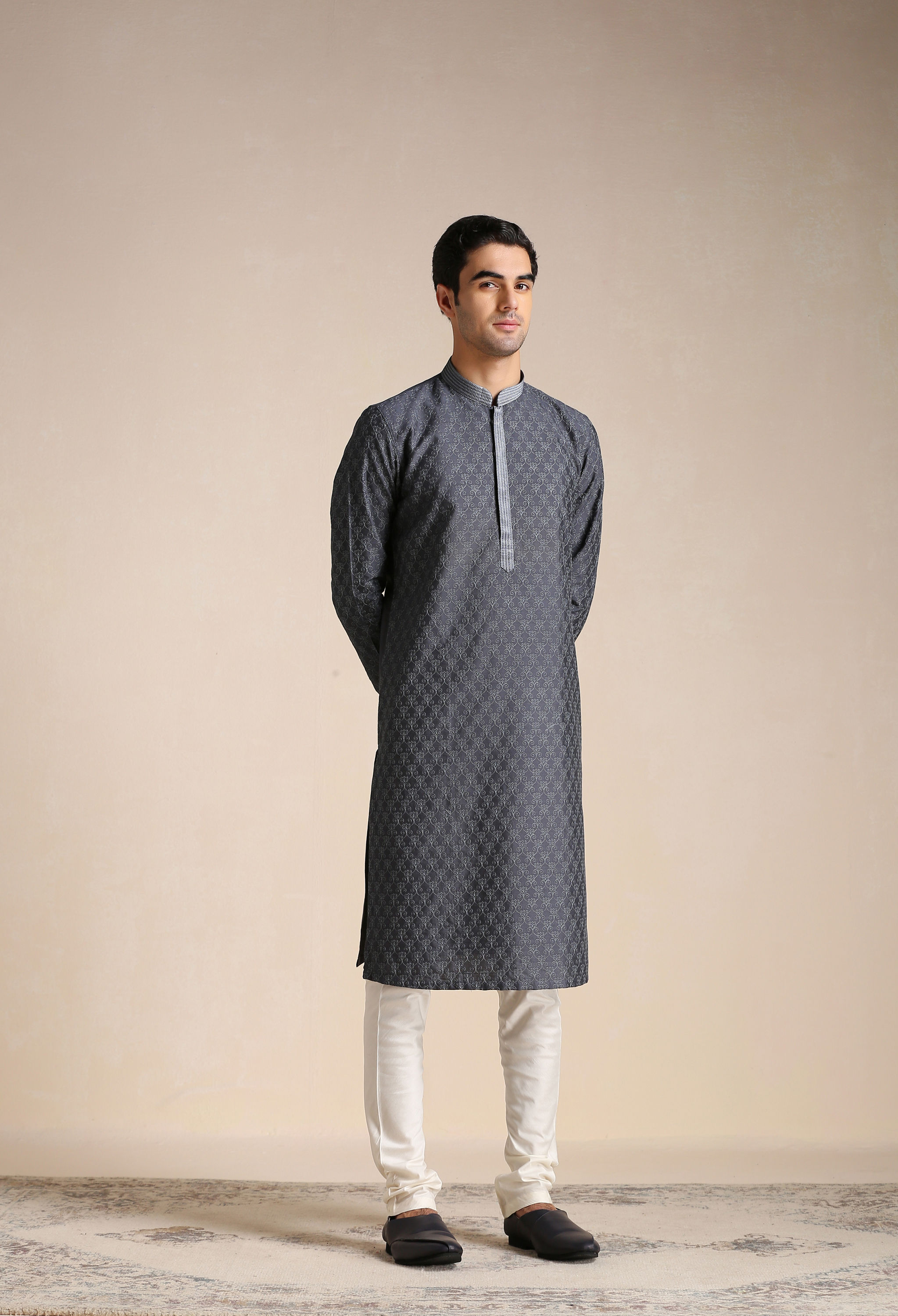 Manyavar Men Anchor Grey Patterned Kurta Set