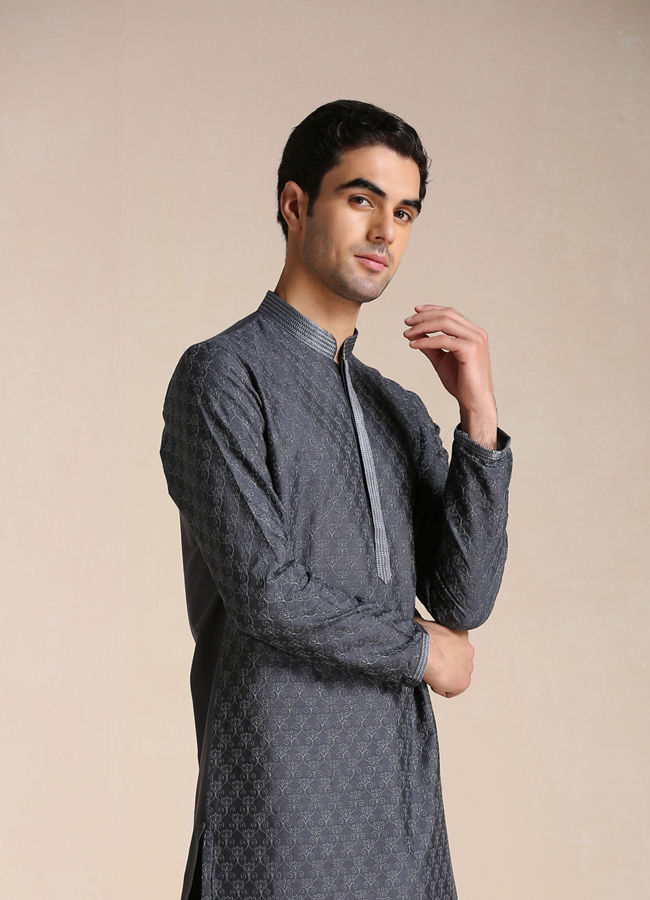 alt message - Manyavar Men Anchor Grey Patterned Kurta Set image number 0