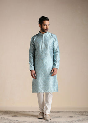 Manyavar Men Aquamarine Blue Jacquard Pattern Kurta Set