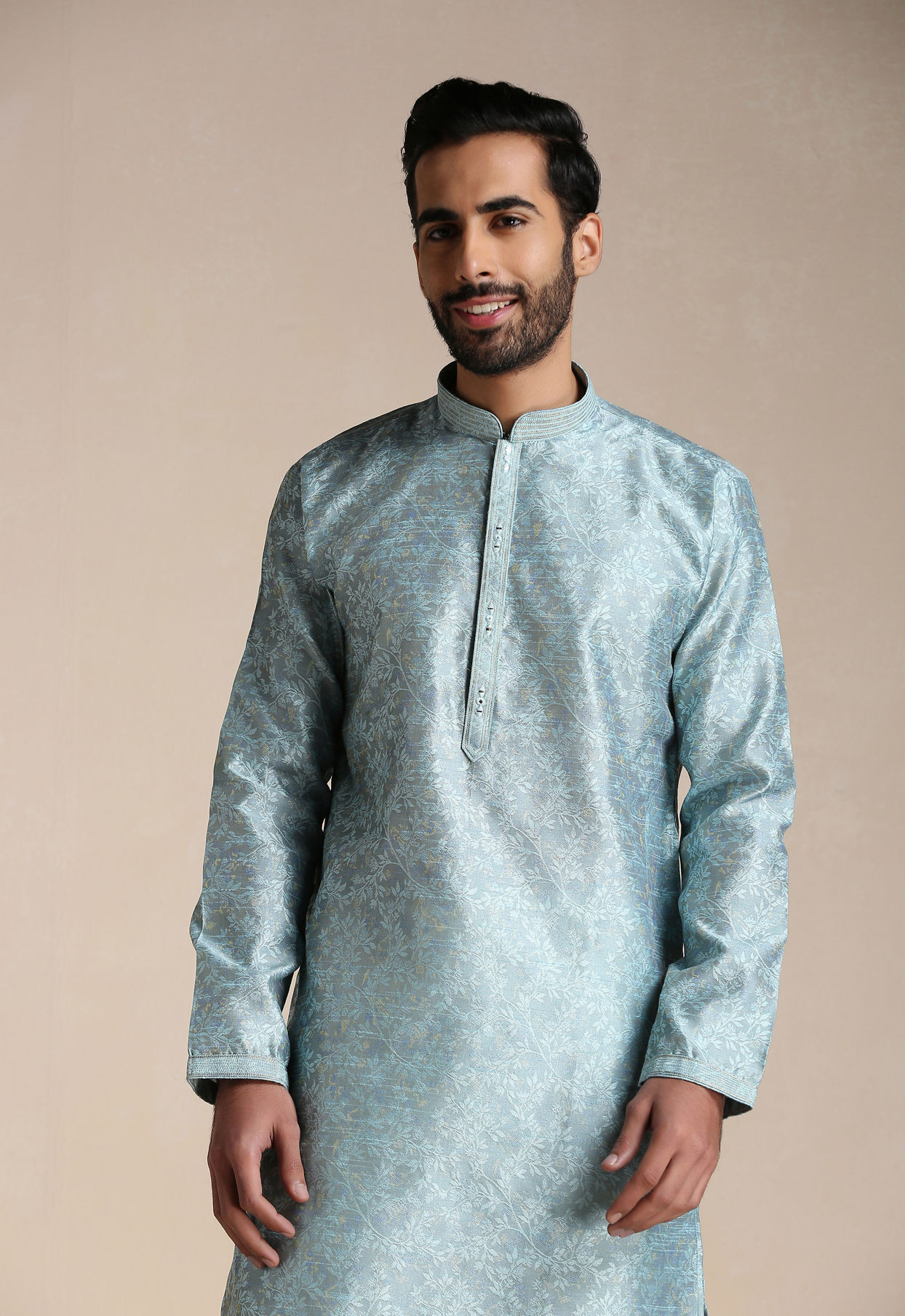 alt message - Manyavar Men Aquamarine Blue Jacquard Pattern Kurta Set image number 0