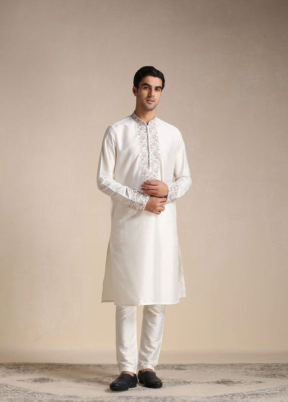 Manyavar Men Creamy White Embroidery Detailed Kurta Set