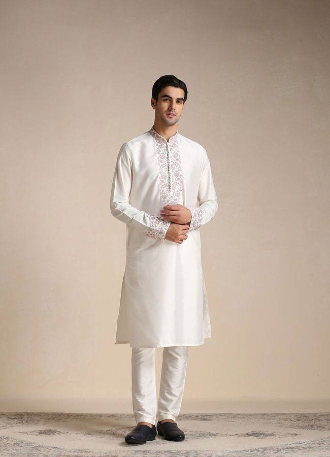 alt message - Manyavar Men Creamy White Embroidery Detailed Kurta Set image number 1