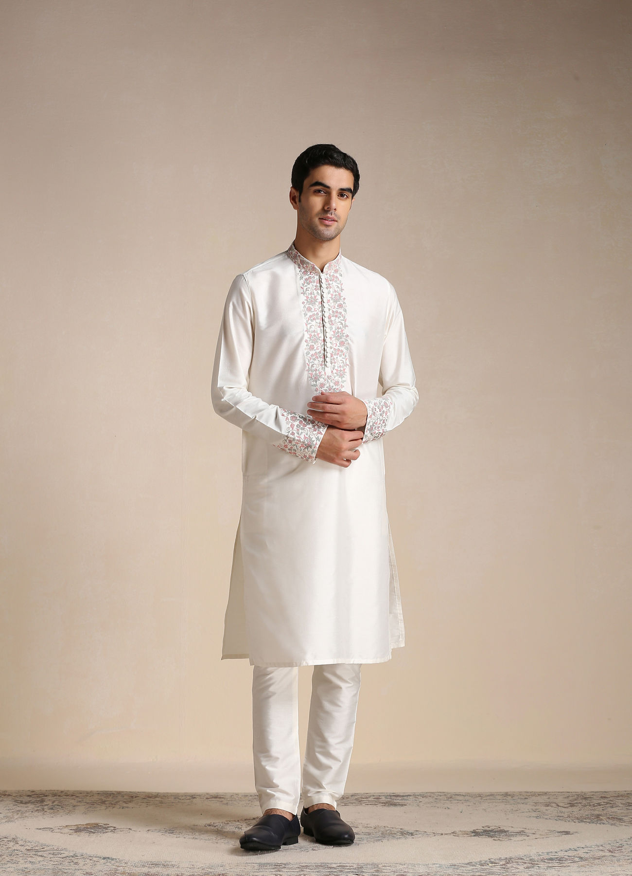 Manyavar Men Creamy White Embroidery Detailed Kurta Set