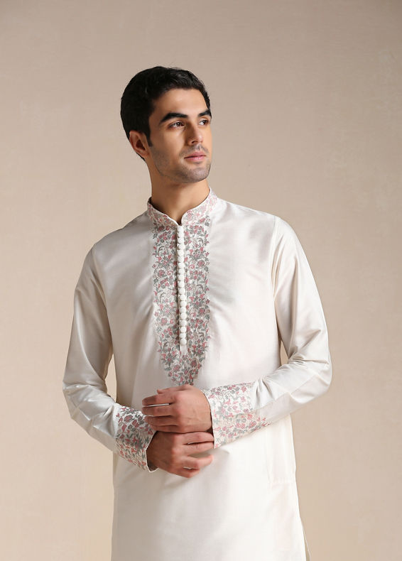 Manyavar Men Creamy White Embroidery Detailed Kurta Set