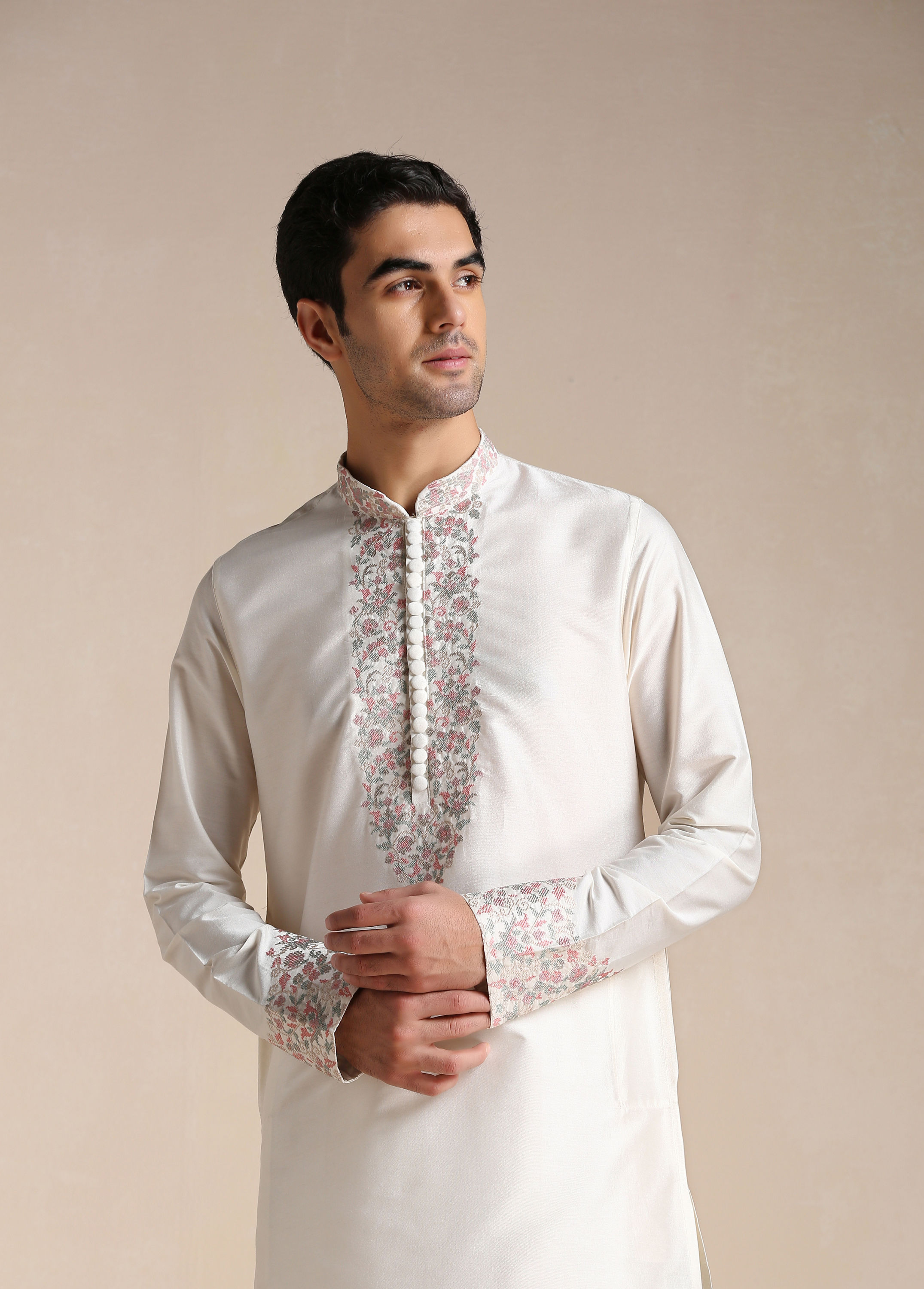 Manyavar Men Creamy White Embroidery Detailed Kurta Set