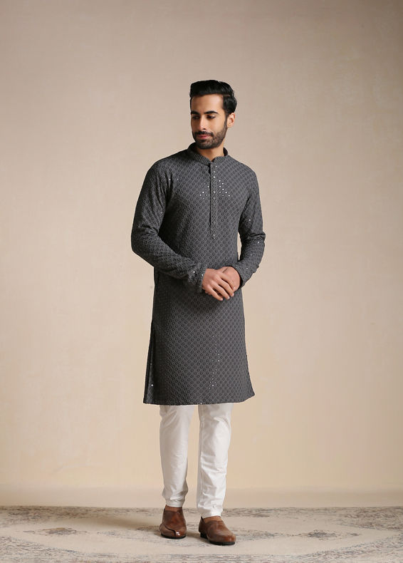 Manyavar Men Light Grey Chikankari Kurta Set