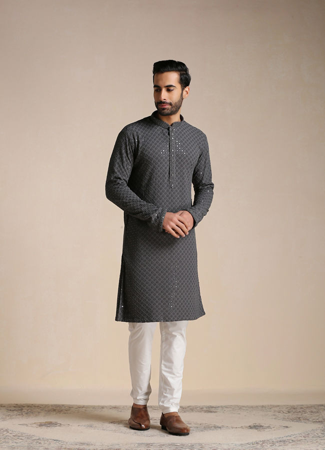 Manyavar Men Light Grey Chikankari Kurta Set
