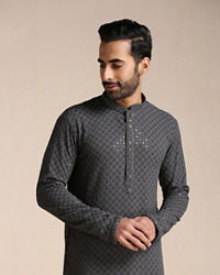 alt message - Manyavar Men Light Grey Chikankari Kurta Set image number 0