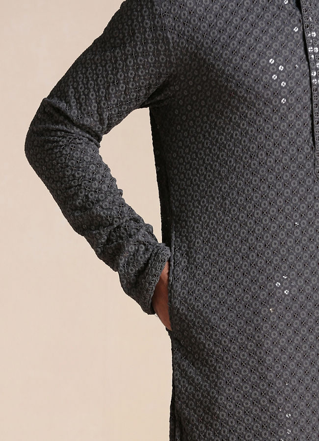 Manyavar Men Light Grey Chikankari Kurta Set