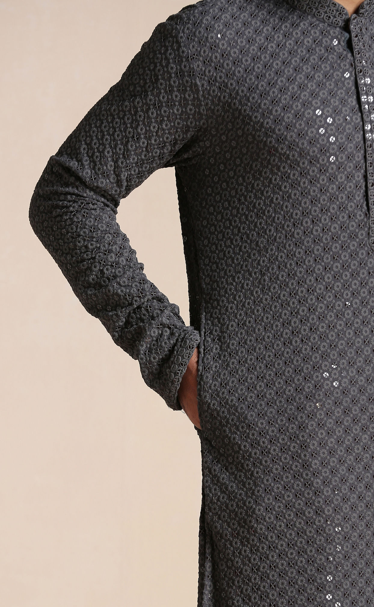 Manyavar Men Light Grey Chikankari Kurta Set