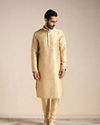 alt message - Manyavar Men Golden Beige Self-Patterned Kurta Set image number 1