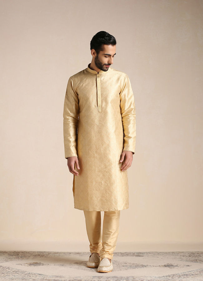 alt message - Manyavar Men Golden Beige Self-Patterned Kurta Set image number 1