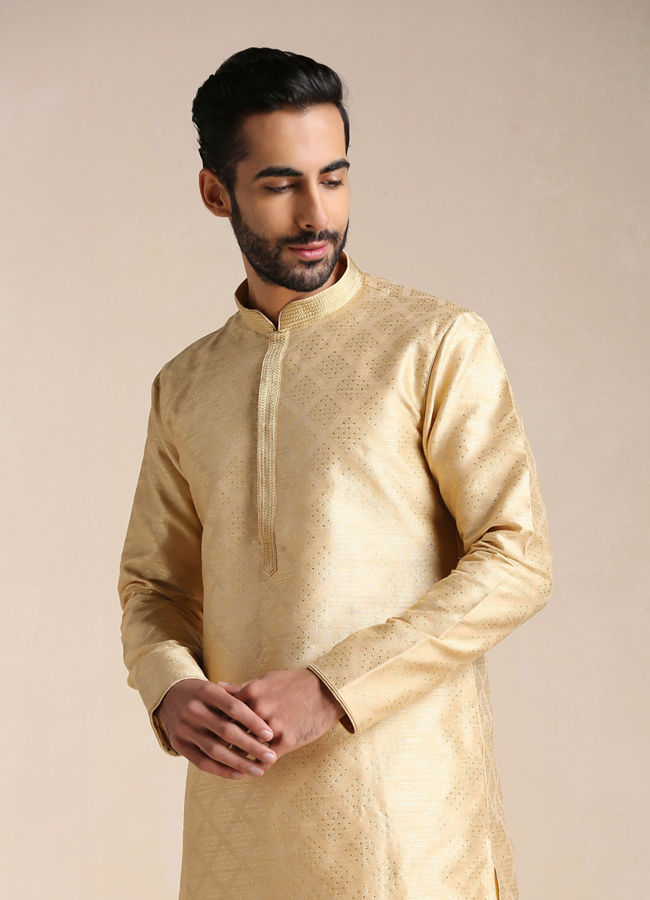 alt message - Manyavar Men Golden Beige Self-Patterned Kurta Set image number 0