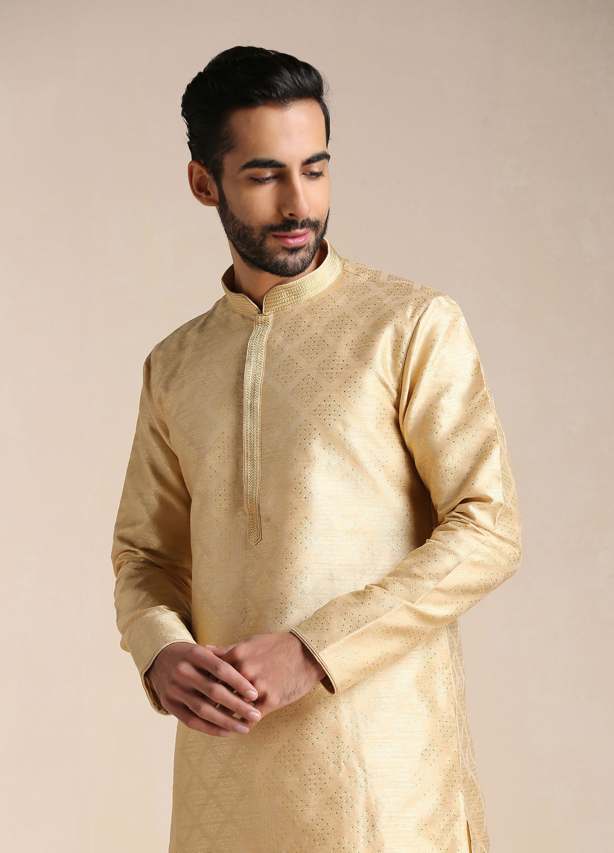 Manyavar Men Golden Beige Self Patterned Kurta Set