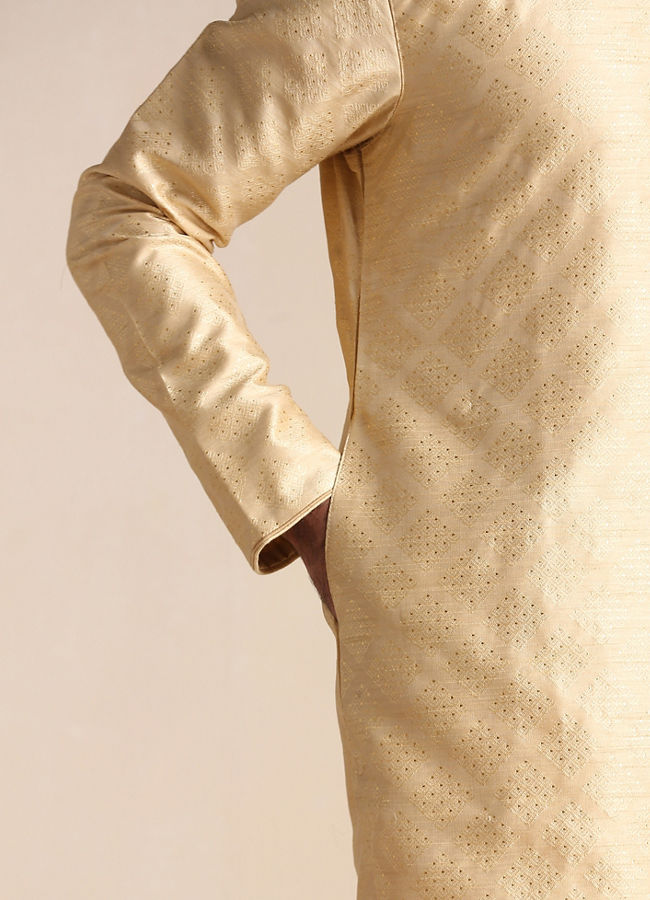 Manyavar Men Golden Beige Self Patterned Kurta Set