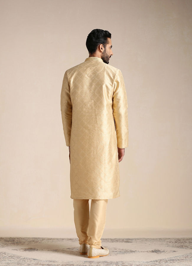 alt message - Manyavar Men Golden Beige Self-Patterned Kurta Set image number 3