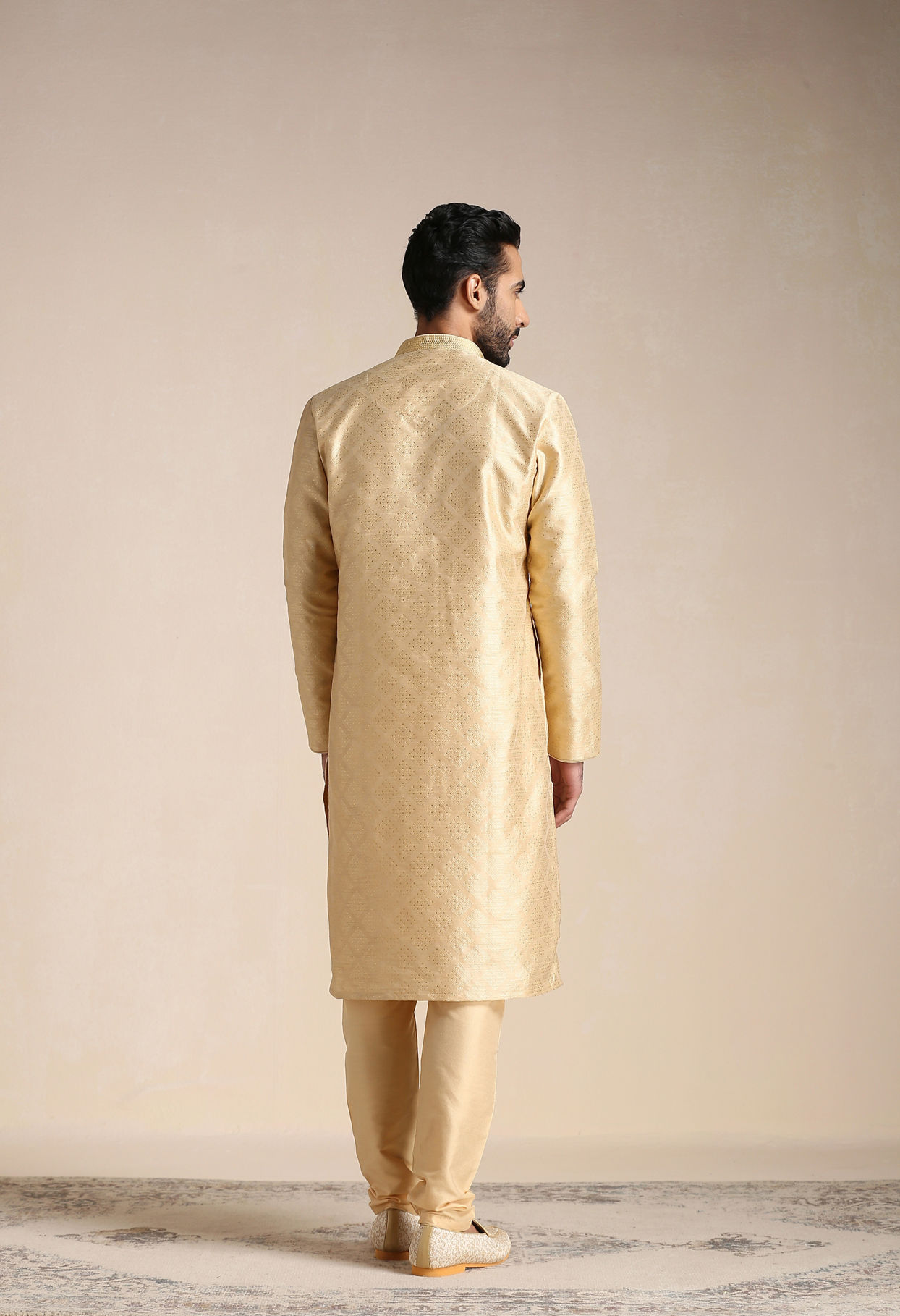 Manyavar Men Golden Beige Self Patterned Kurta Set