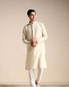 alt message - Manyavar Men Biscuit Beige Jacquard Patterned Kurta Set image number 1