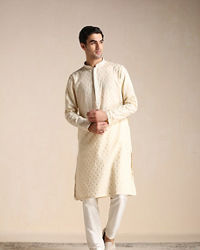 Manyavar Men Biscuit Beige Jacquard Patterned Kurta Set