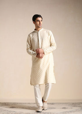 alt message - Manyavar Men Biscuit Beige Jacquard Patterned Kurta Set image number 1