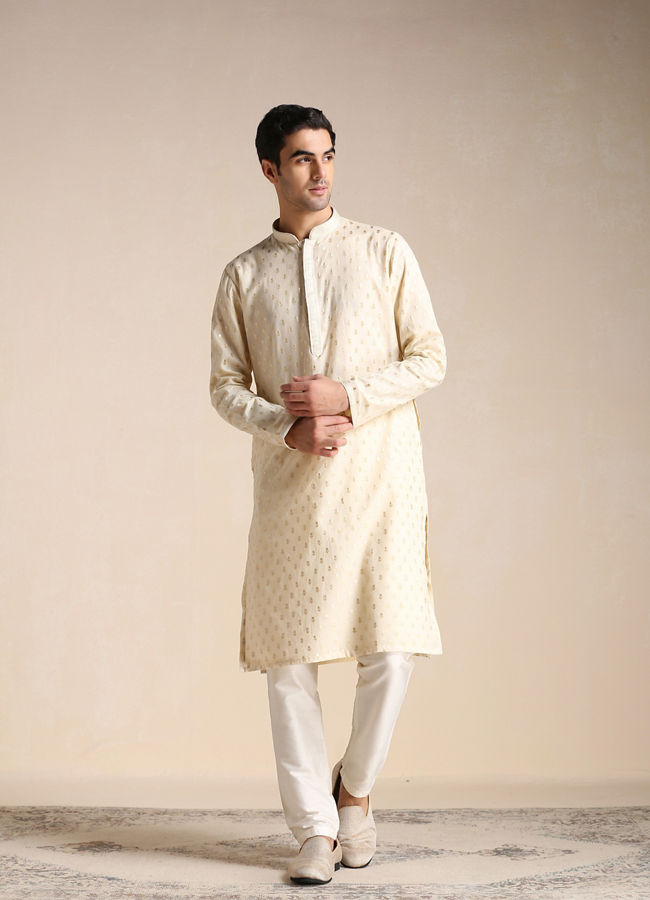 alt message - Manyavar Men Biscuit Beige Jacquard Patterned Kurta Set image number 1