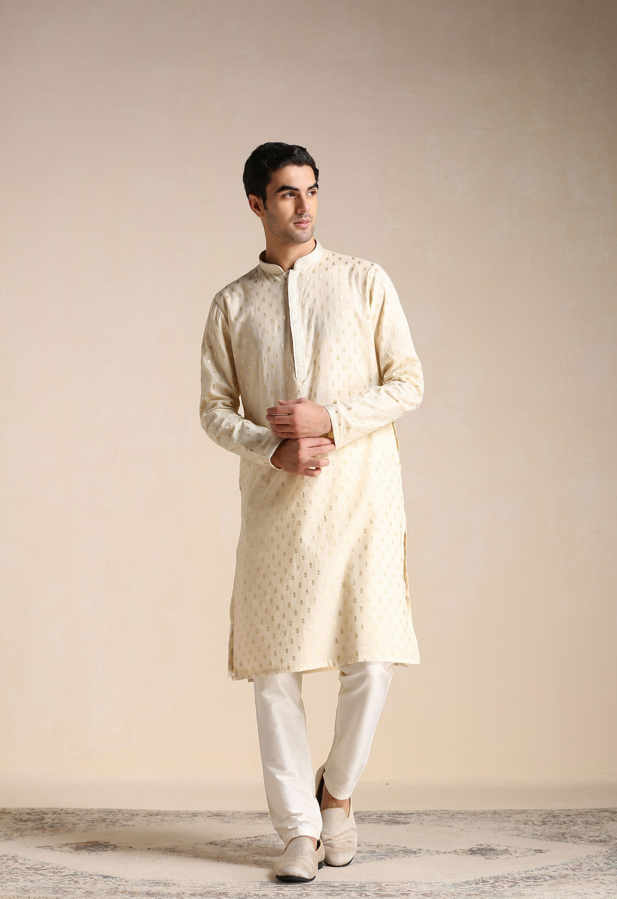 Manyavar Men Biscuit Beige Jacquard Patterned Kurta Set