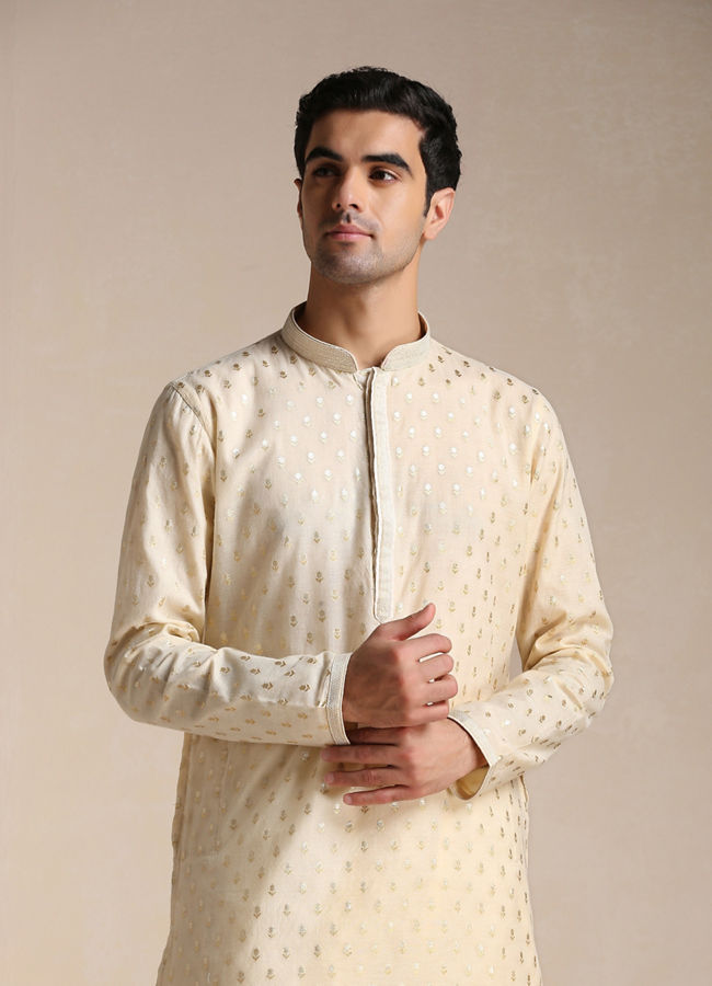 Manyavar Men Biscuit Beige Jacquard Patterned Kurta Set
