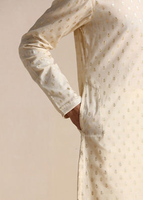 alt message - Manyavar Men Biscuit Beige Jacquard Patterned Kurta Set image number 2