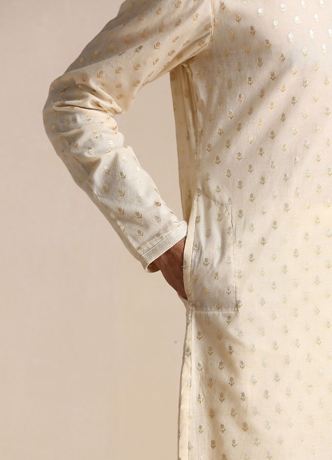 Manyavar Men Biscuit Beige Jacquard Patterned Kurta Set