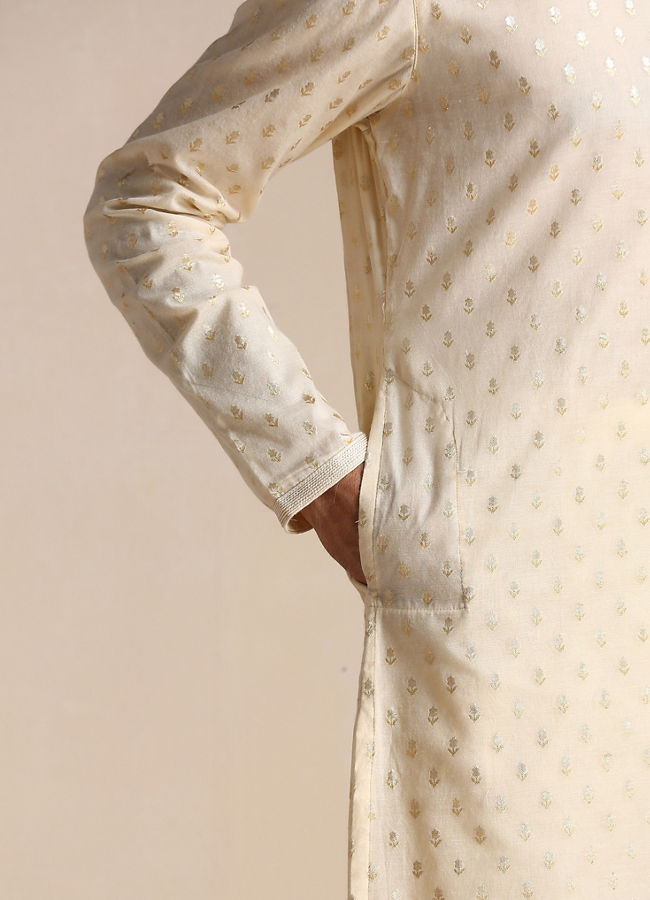 alt message - Manyavar Men Biscuit Beige Jacquard Patterned Kurta Set image number 2