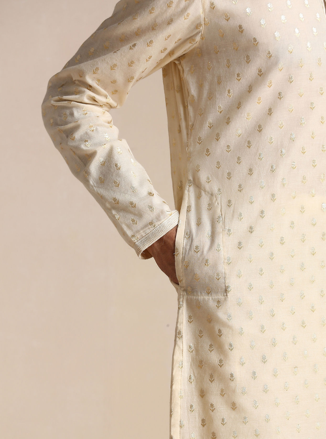 alt message - Manyavar Men Biscuit Beige Jacquard Patterned Kurta Set image number 2